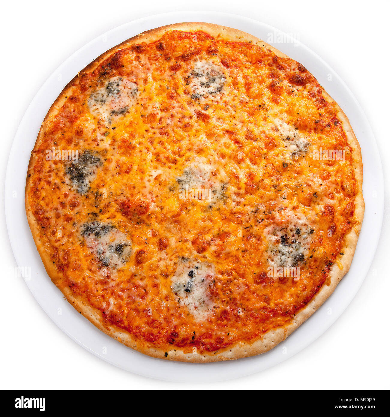 Vier Käse pizza isoliert Stockfoto