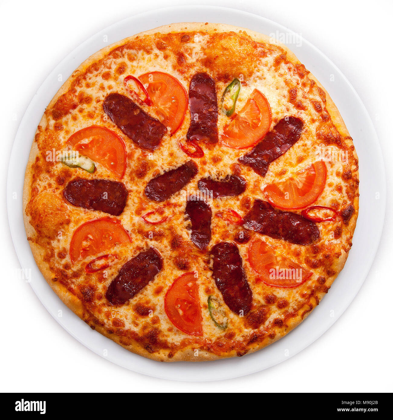 Wurst Pizza mit Kräutern Stockfoto