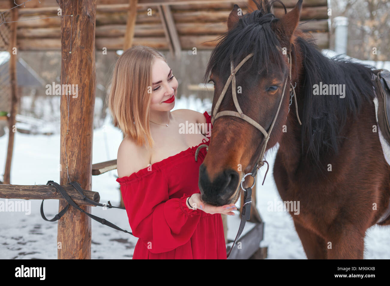 Schöne Frau steht in der Nähe der Ställe mit einem Pferd. Stockfoto