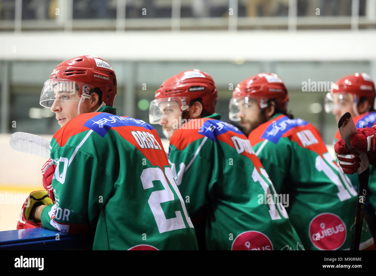 Eishockeymatch. Hockey Team. HC Mont-Blanc. Stockfoto