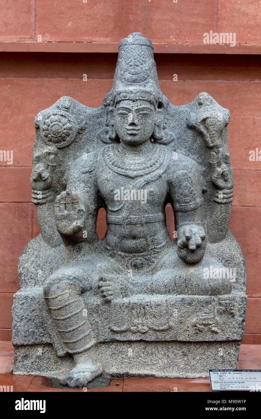 National Museum von Indien, Delhi. Vishnu. Jahrhundert N.CHR. in Indien. Stein. Indien. Stockfoto