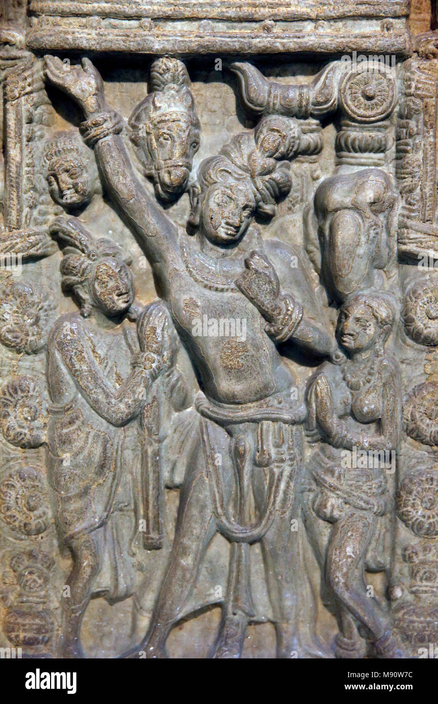 National Museum von Indien, Delhi. Anbetung des Stupa. Ikshvaku, 3. Jahrhundert n. Chr. Nagarjunakonda, Andhra Pradesh. Kalkstein. Detail. Indien. Stockfoto