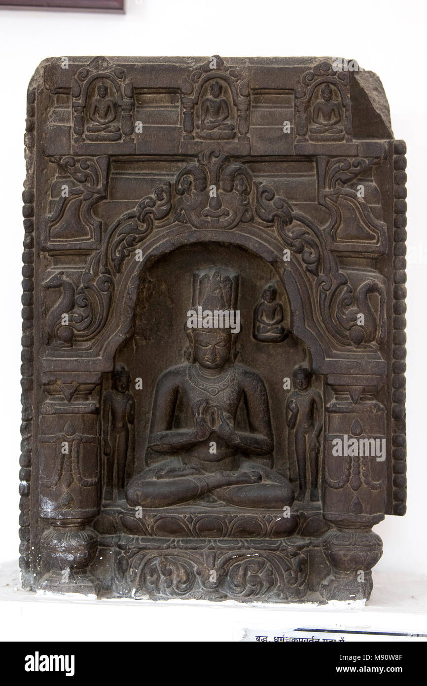 National Museum von Indien, Delhi. Buddha in der Verkündigung dar. Pala, 11. Jahrhundert n. Chr. östlichen Indien. Stein. Indien. Stockfoto