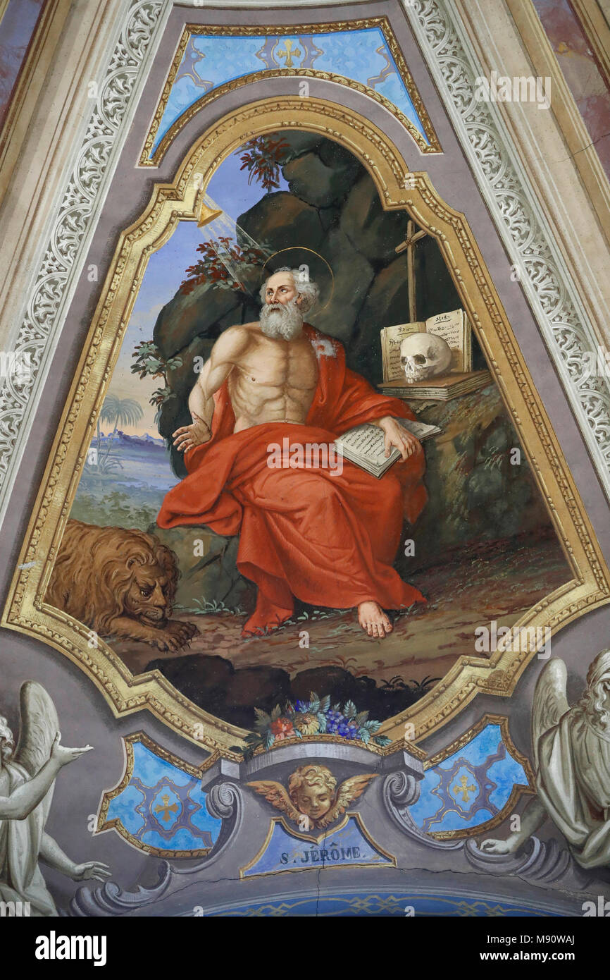 Saint-Grat Kirche. Malerei. Der hl. Hieronymus in seiner Studie. Valgrisenche. Italien. Stockfoto