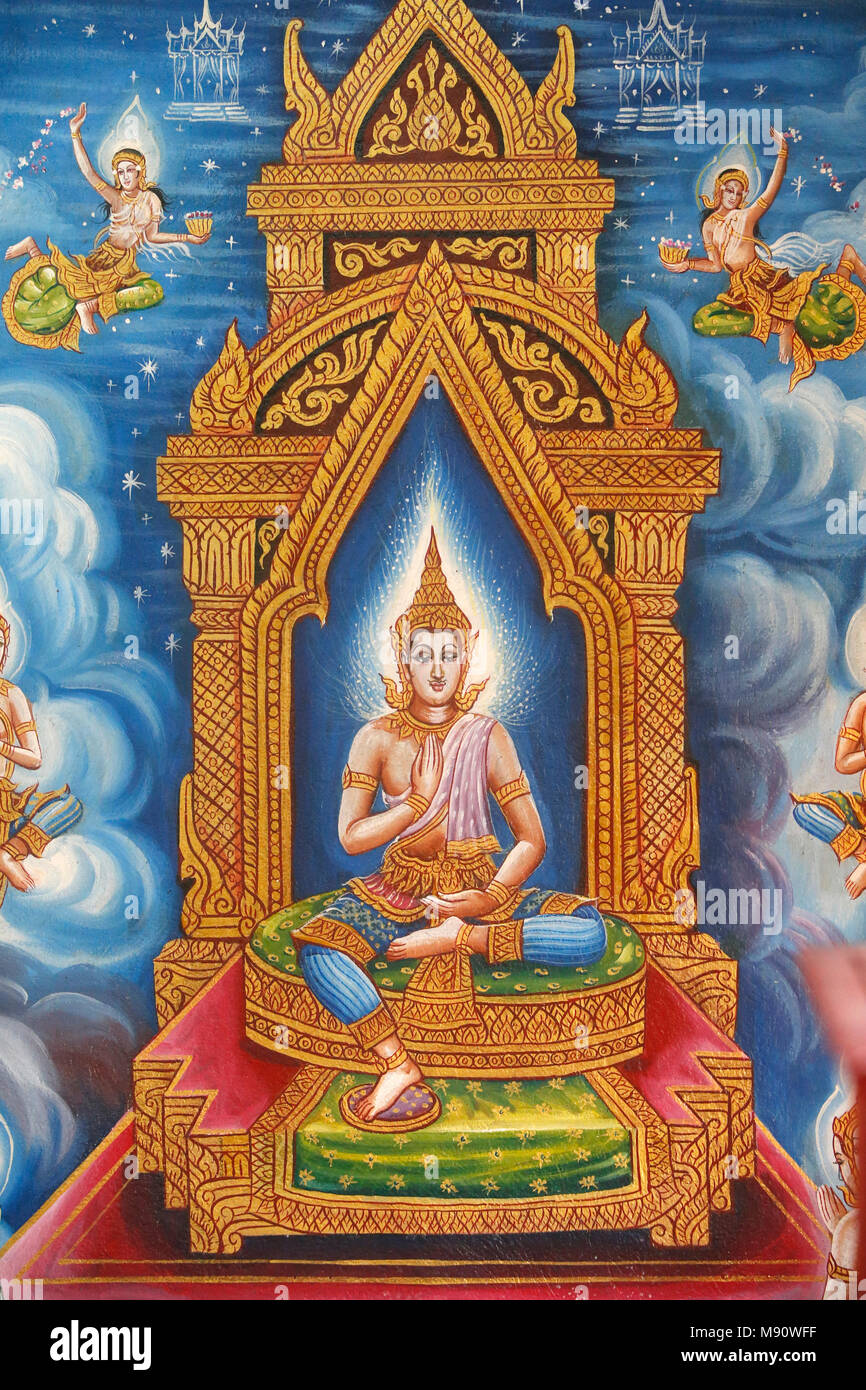 Buddhistische Fresko in Wat Chiang Mun, Chiang Mai. Thailand Stockfoto