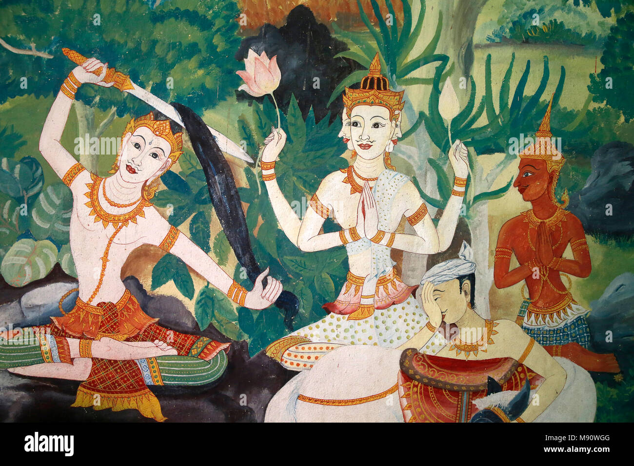 Fresko in Wat Ampharam, Hua Hin, Thailand. Buddha schnitt seine Haare und sein früheres Leben verzichten. Stockfoto