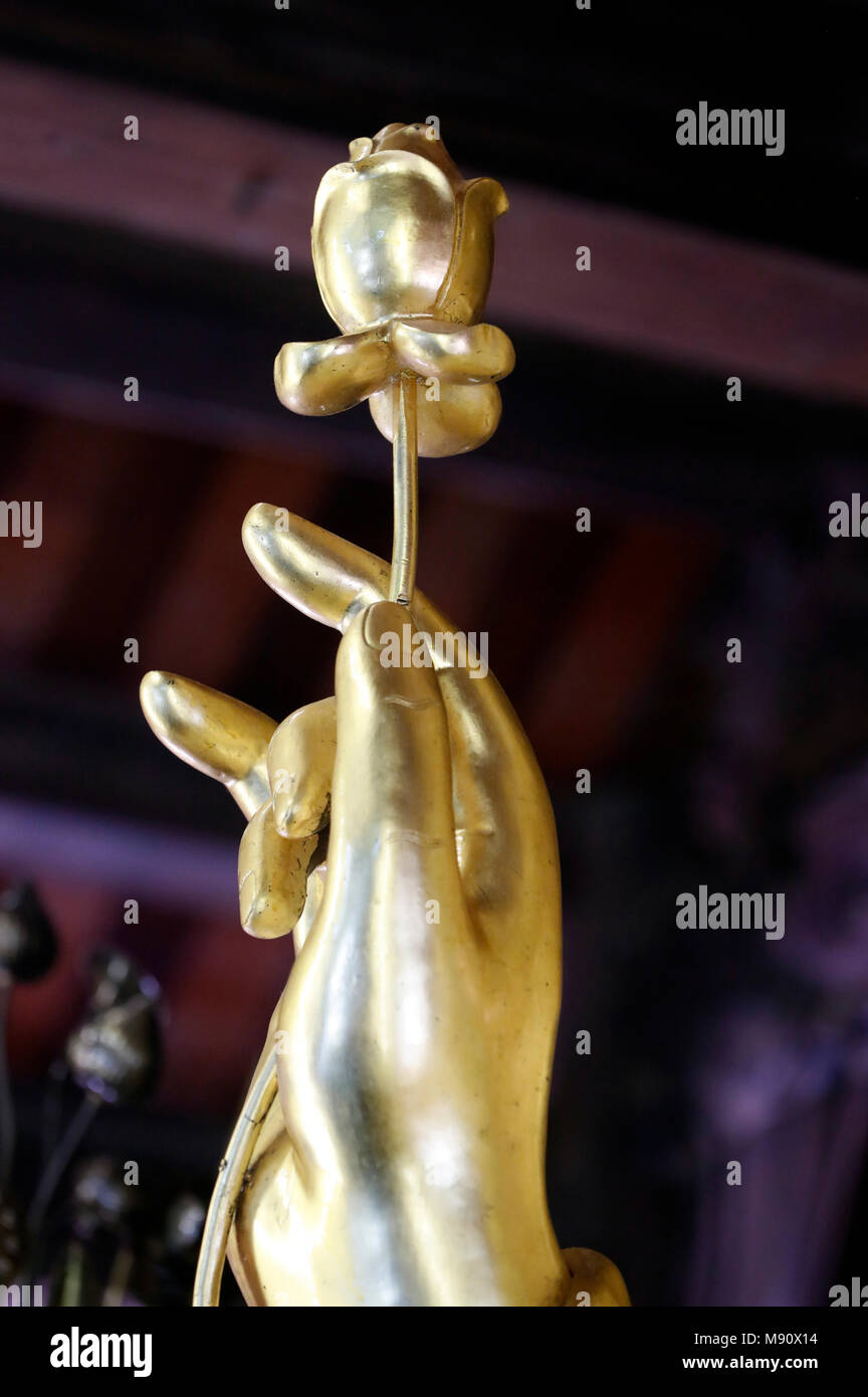 Chua Ho Quoc Pagode. Golden Buddha Shakyamuni Statue. Hand mit Lotus Flower. Close-up. Phu Quoc. Vietnam. Stockfoto