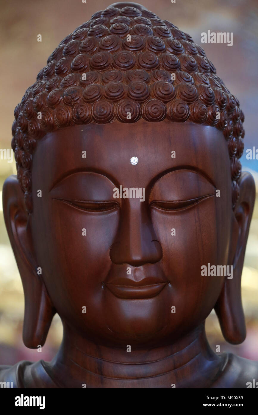 Minh Dang Quang buddhistischer Tempel. Holz- Buddha Statue. Der Kopf mit dem dritten Auge. Ho Chi Minh City. Vietnam. Stockfoto