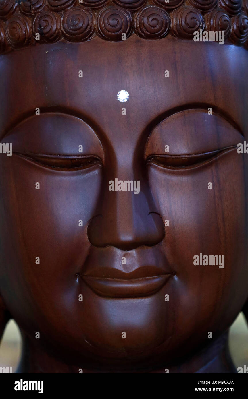 Minh Dang Quang buddhistischer Tempel. Holz- Buddha Statue. Der Kopf mit dem dritten Auge. Close-up. Ho Chi Minh City. Vietnam. Stockfoto