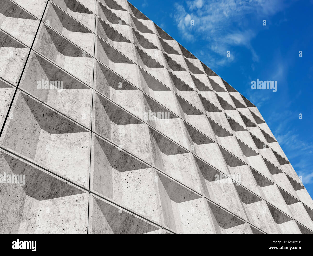 Weißer Beton Wand mit dekorativen relief Kacheln Muster unter blauem Himmel. Abstrakte Minimalismus Architektur Hintergrund, 3D-Rendering illustration Stockfoto