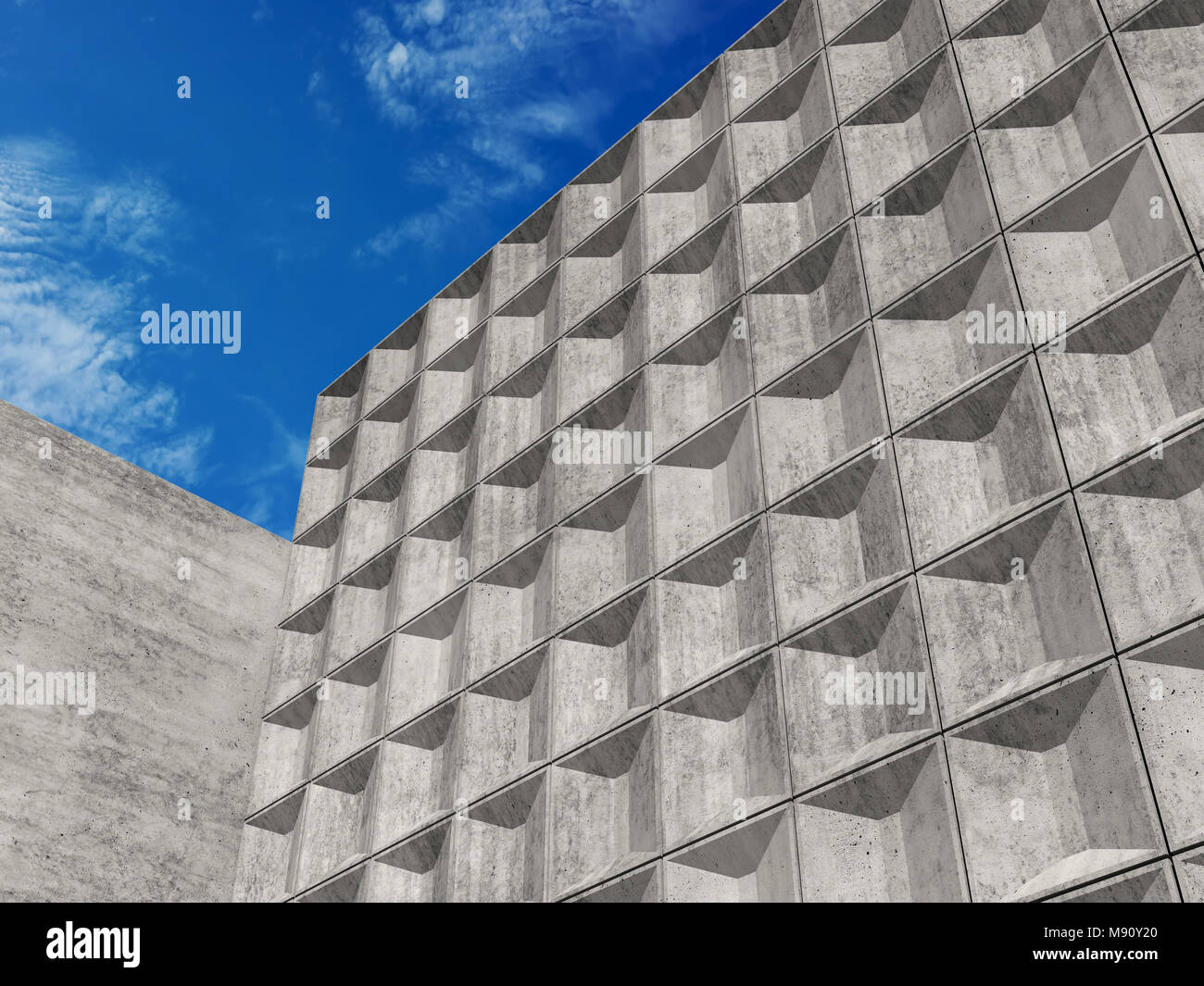 Betonwände mit dekorativen relief Kacheln Muster unter blauem Himmel. Abstrakte Minimalismus Architektur Hintergrund, 3D-Rendering illustration Stockfoto