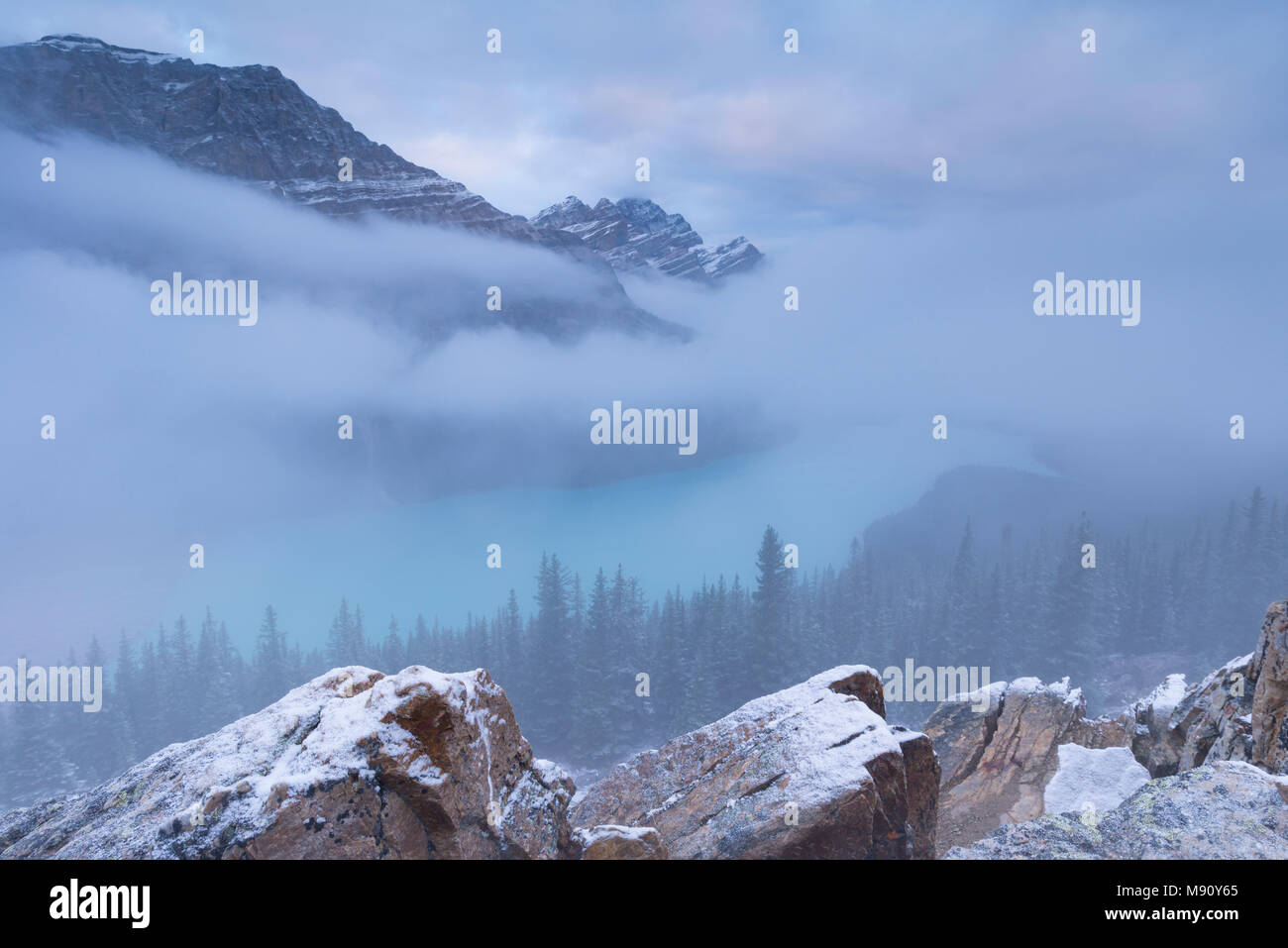 Am frühen Morgen Nebel hüllt Peyto Lake in den kanadischen Rocky Mountains, Banff National Park, Alberta, Kanada. Herbst (September) 2017. Stockfoto