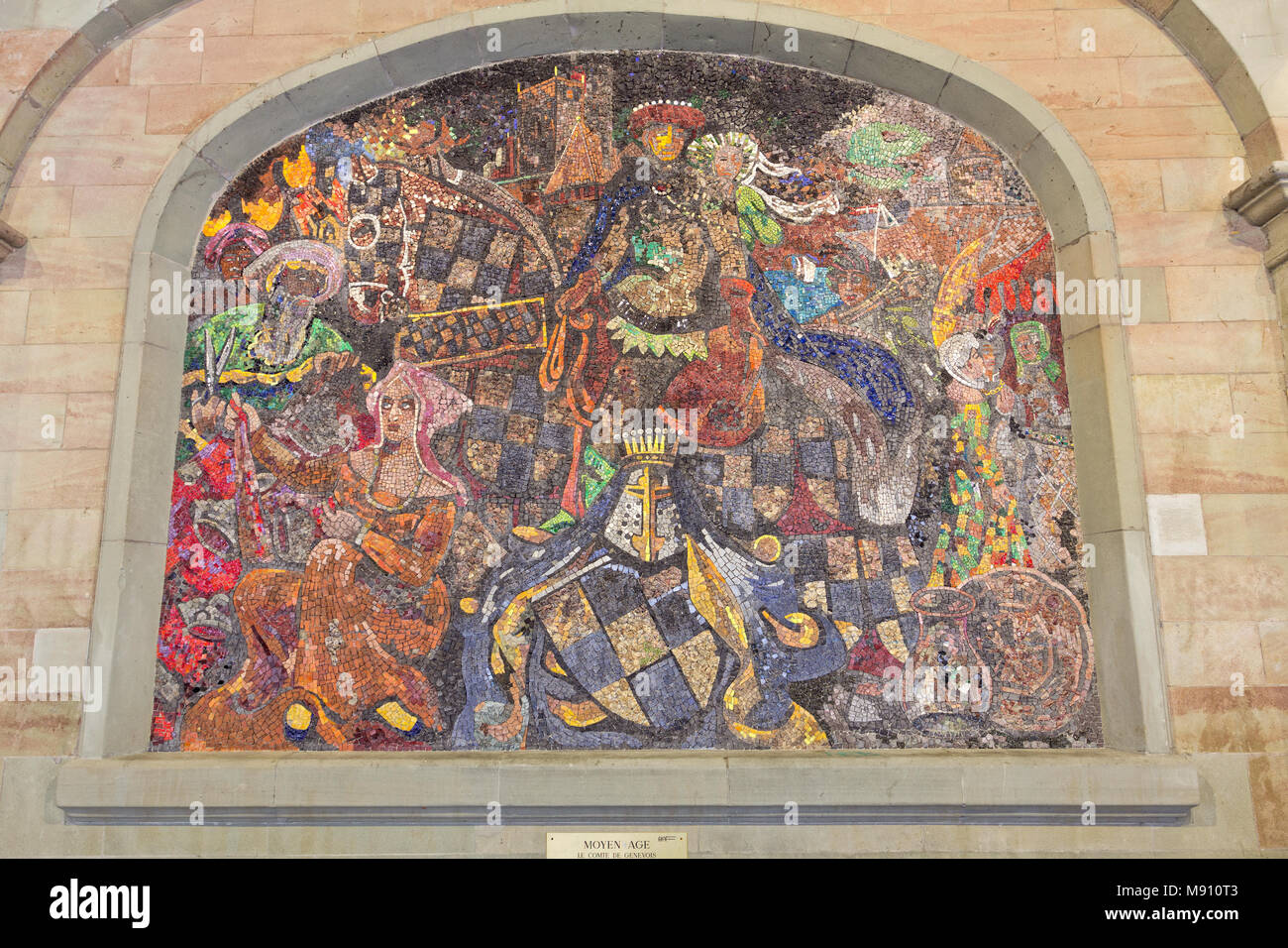 Die Grafen von Genf und der Stadt fair - Mittelalter - Arsenal - eine Reihe von Mosaik Szenen, die jeweils mit einem anderen Moment in der Geschichte von Genf Stockfoto