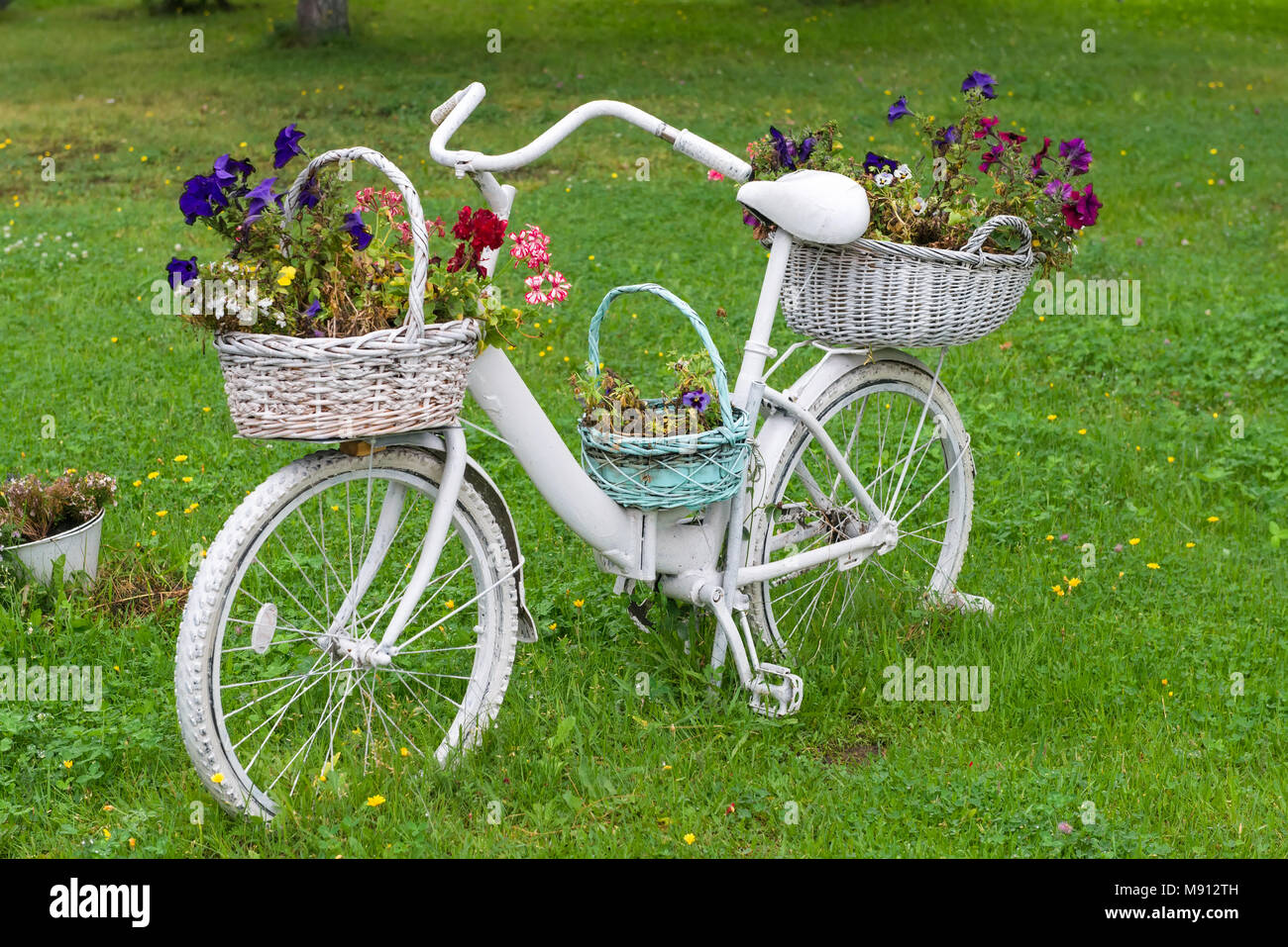 Dekorative Vintage Modell altes Fahrrad Korb Blumen Garten Stockfotografie  - Alamy