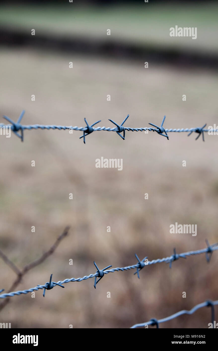 Stacheldraht zaun. In der Nähe der Kabel. Stockfoto