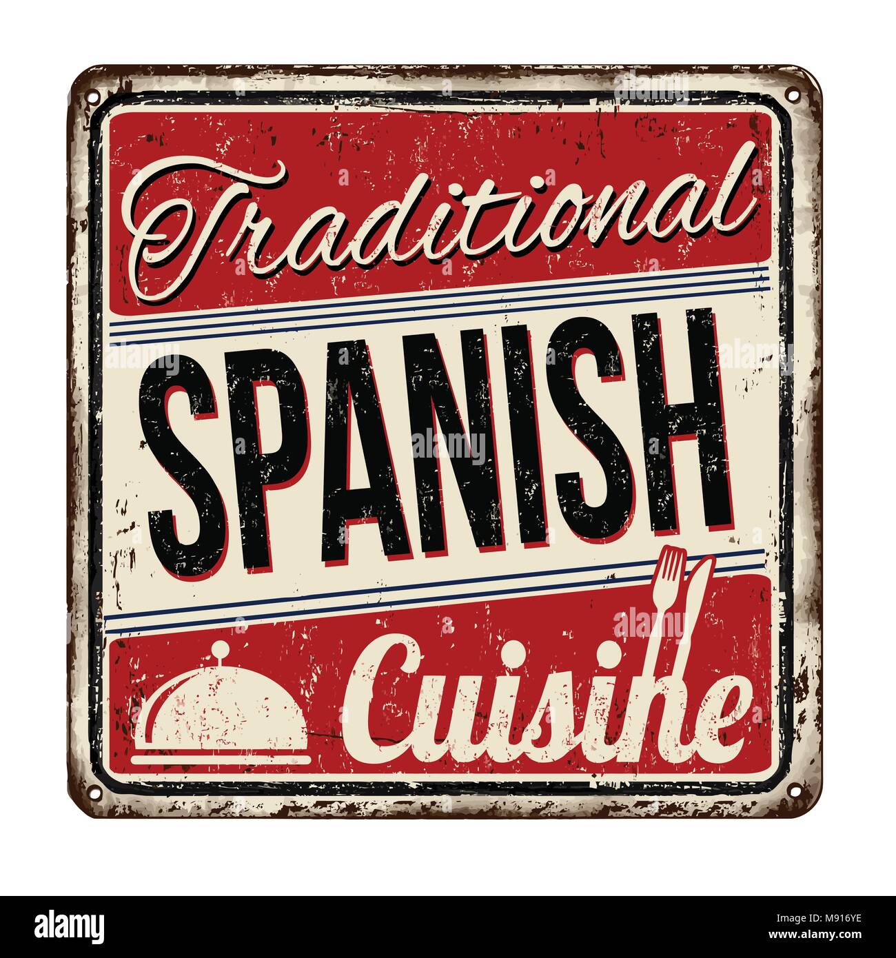 Traditionelle spanische Küche vintage rostiges Metall Zeichen auf weißem Hintergrund, Vector Illustration Stock Vektor