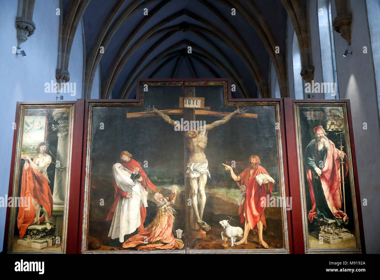 Museum Unterlinden. Der Isenheimer Altar, Nikolaus Hagenauer und Matthias GrŸnewald, 1512 Ð 1516. Die Kreuzigung Christi. Colmar. Frankreich. Stockfoto