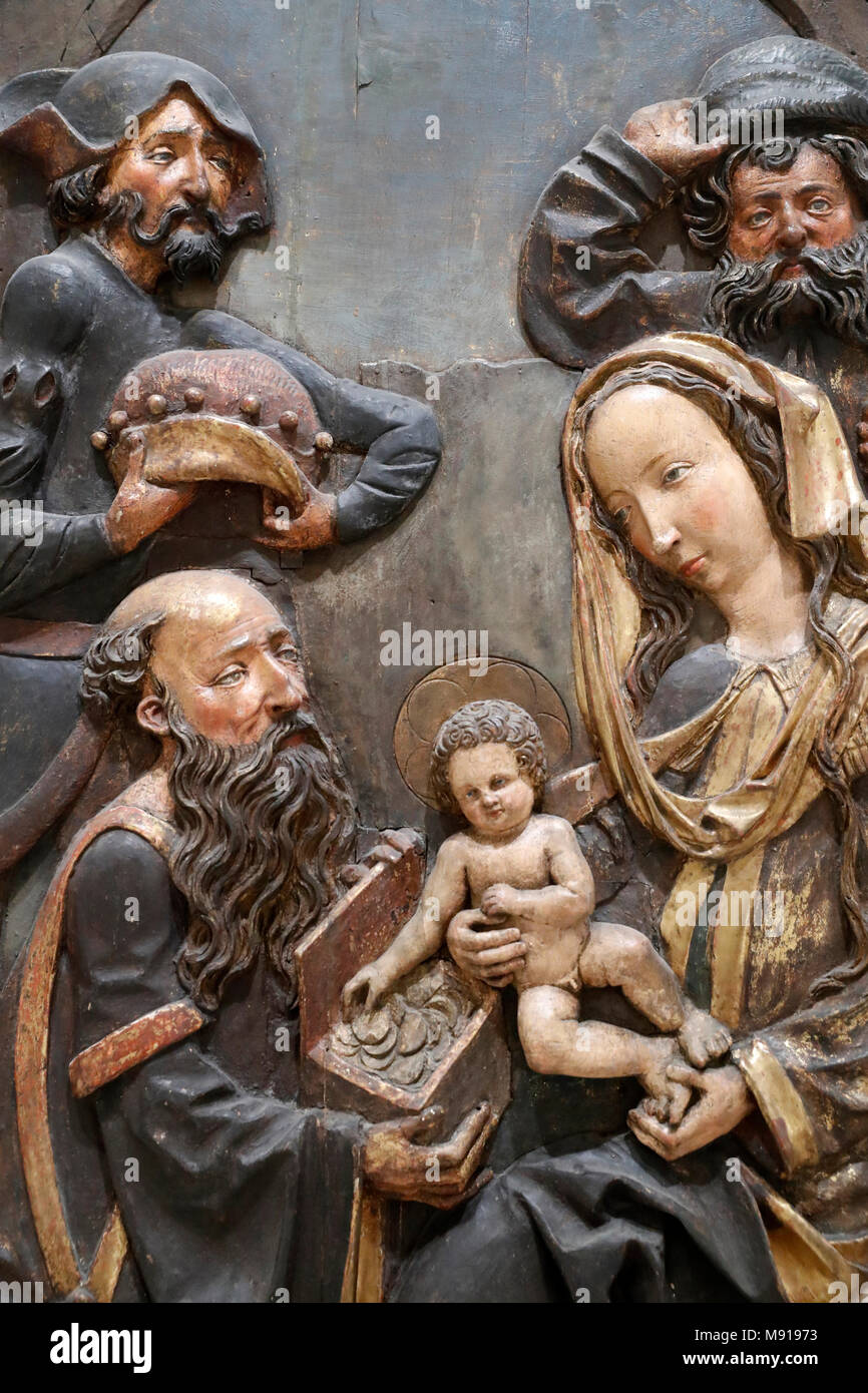 Museum Unterlinden. Bei der Bescherung. Die Anbetung des Jesuskindes durch die drei Weisen oder Heiligen drei Könige. Mehrfarbigem Holz. 16. Jahrhundert. Colmar. Frankreich. Stockfoto