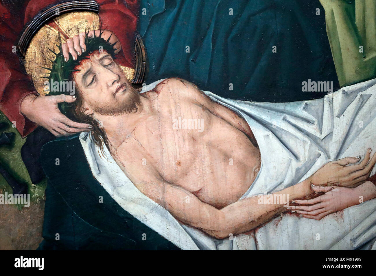 Saint-Pierre le Vieux Katholische Kirche. Christus in seinem Leiden. Jesus wird ins Grab gelegt. Gemälde von Henri Lutzelman aus dem 15. Jahrhundert. Straßburg. F Stockfoto