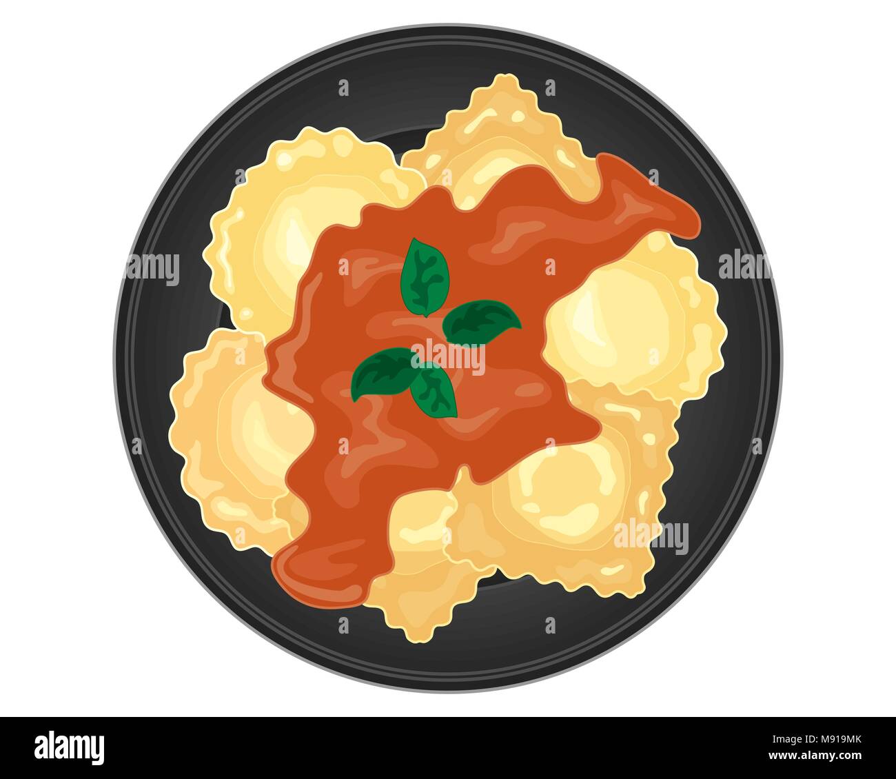Ein Vektor Abbildung im EPS 10 Format der Italienischen ravioli auf eine glänzende schwarze Platte mit einem reichhaltigen Tomatensauce mit Basilikum auf weißem Hintergrund Stock Vektor