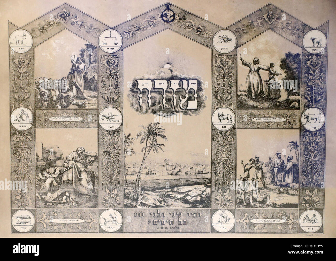 Bartholdi Museum. Eine Mizrach ist eine ornamentale Wand Plakette wird verwendet, um die Richtung des Gebetes in jüdische Wohnungen anzugeben. Colmar. Frankreich. Stockfoto