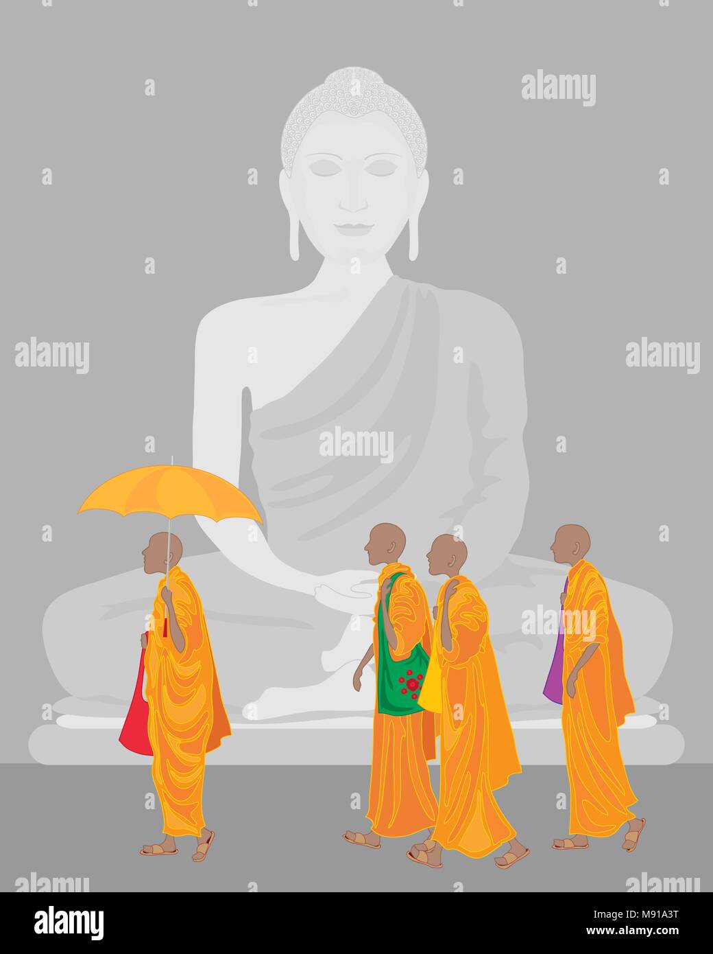 Ein Vektor Abbildung im EPS-Format von einem Stein Statue von Buddha mit Pilgrim buddhistische Mönche in orangefarbenen Gewändern Stock Vektor