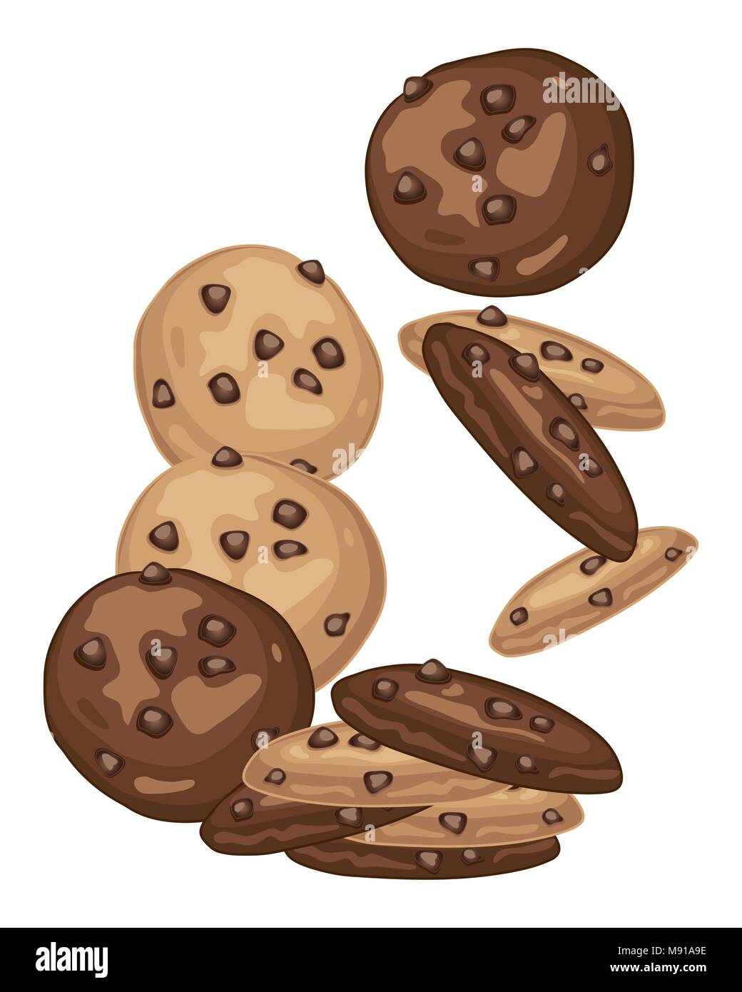 Ein Vektor Abbildung im EPS 10 Format von Chocolate Chip Cookies mit dunklen und hellen Biskuit auf weißem Hintergrund verstreut Stock Vektor