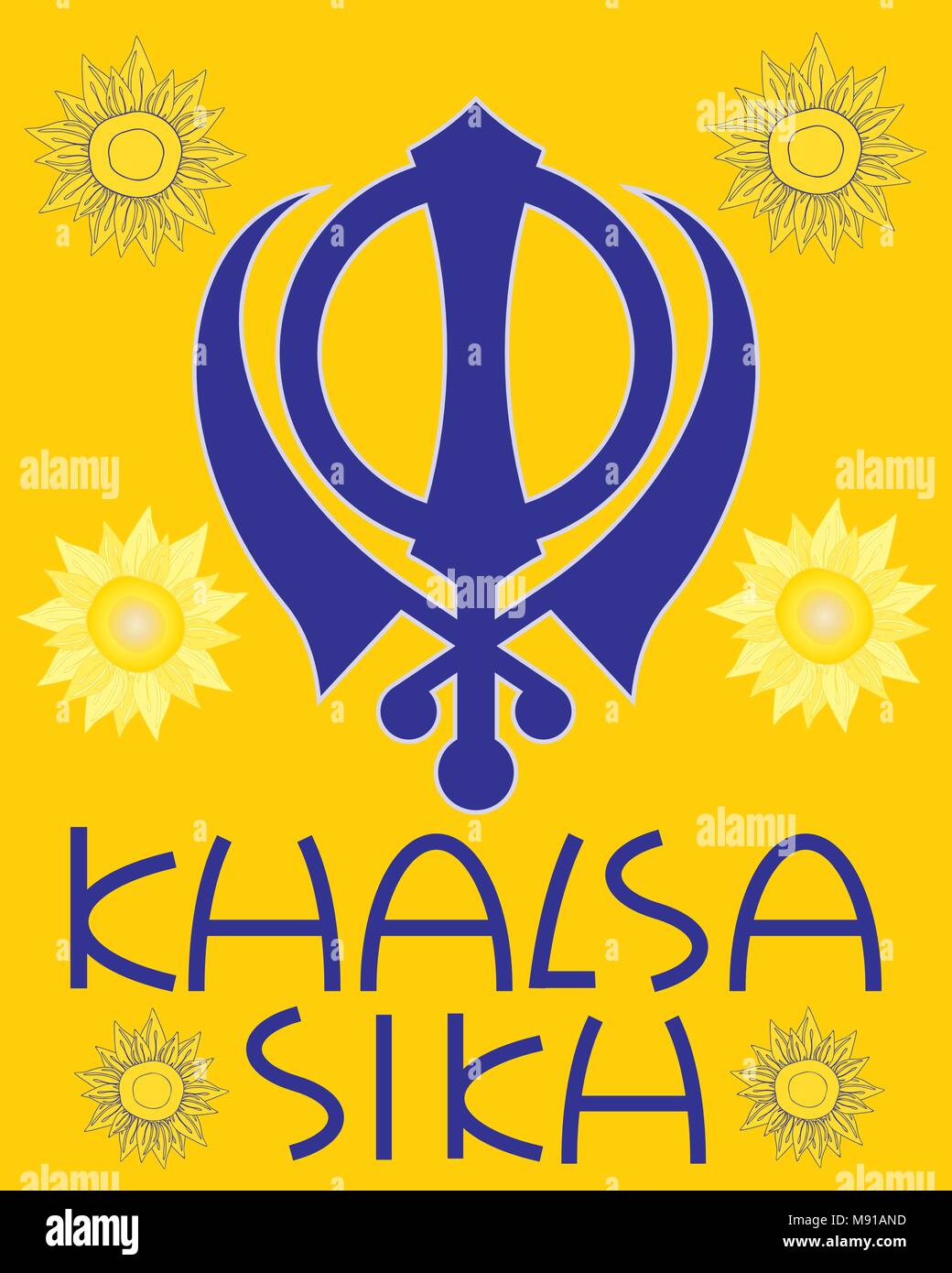 Ein Vektor Abbildung im EPS 10 Format von einem Sikh Grußkarte mit militärischen Emblem Sonnenblumen und die Worte khalsa Sikh in Blau Stock Vektor