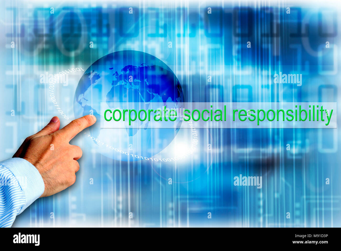 Hand berühren eine Technologie World Globe, corporate social responsibility Konzept Stockfoto