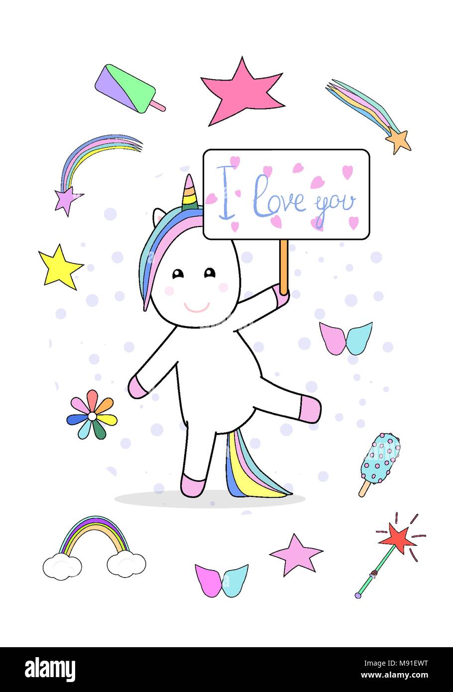 Ich liebe dich Plakat mit Einhorn und fairytail clipart Elemente Stock Vektor