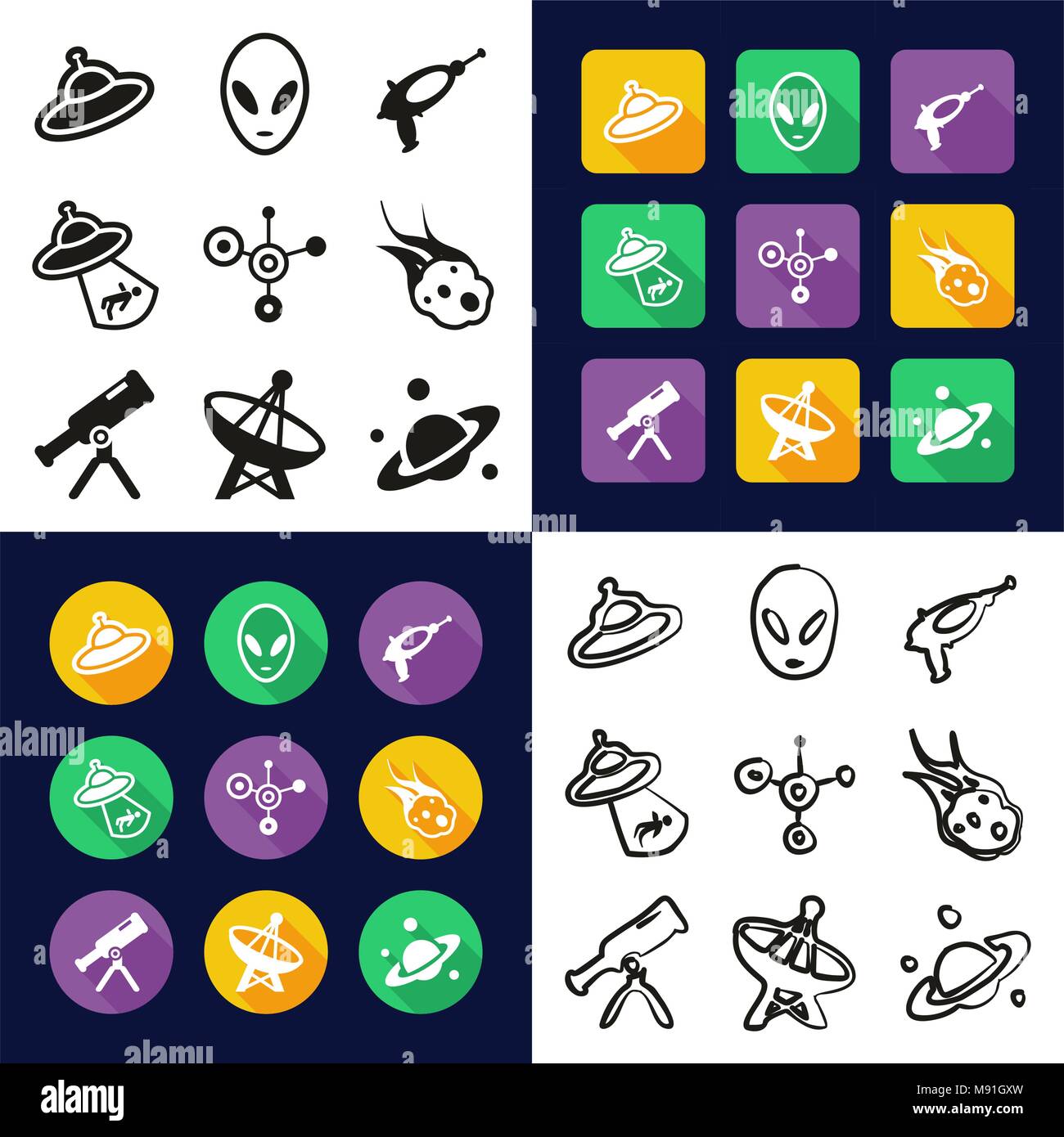 Alien Alle in einem Symbole Schwarzweiß Farbe flaches Design Freehand eingestellt Stock Vektor