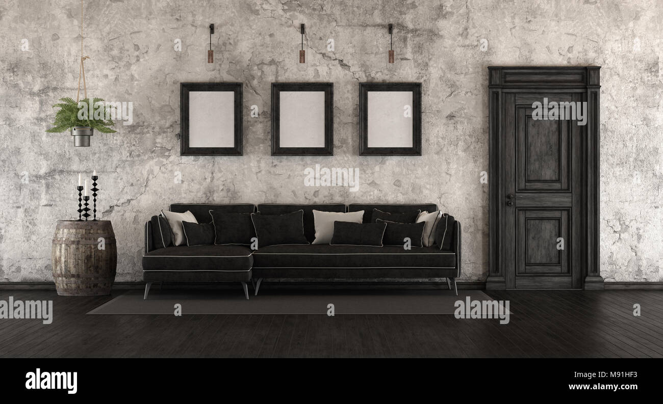 Schwarz und weiß altes Zimmer mit eleganten Sofa und grunge Wand - 3D-Rendering Stockfoto
