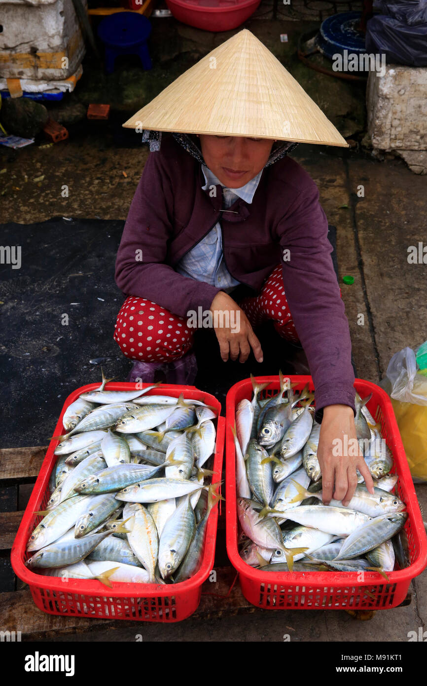 Morgen Markt in Duong Dong Stadt. Frau Verkauf von frischem Fisch. Phu Quoc. Vietnam. Stockfoto