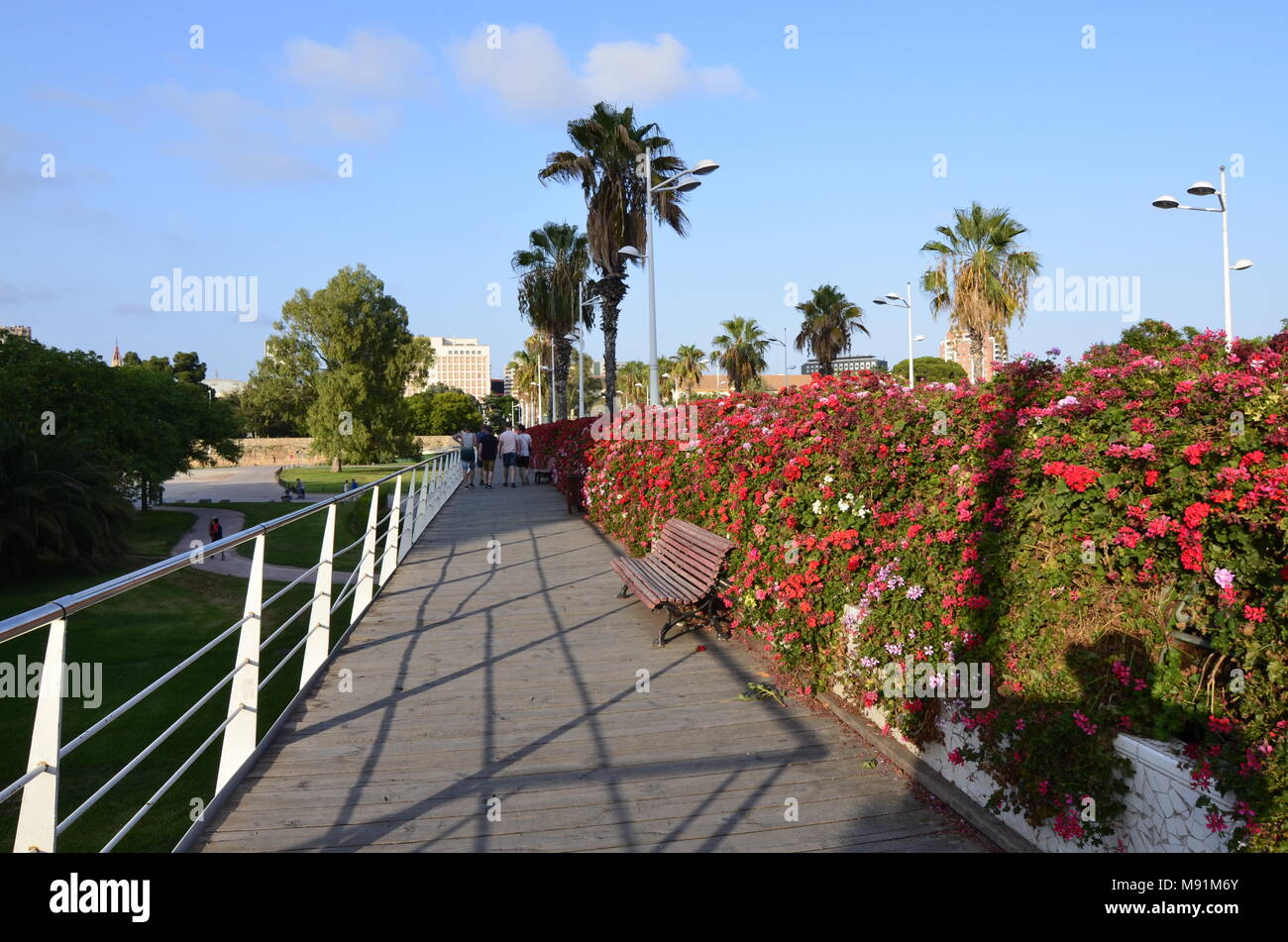 Pont de les Flors ist eine der Brücken, überquert den Jardin del Turia der Stadt Valencia. Es hat die Eigenart, immer geschmückt. Stockfoto