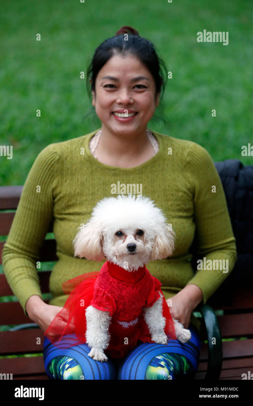 Lächelnde Frau mit ihrem weißen Pudel. Hanoi. Vietnam. Stockfoto