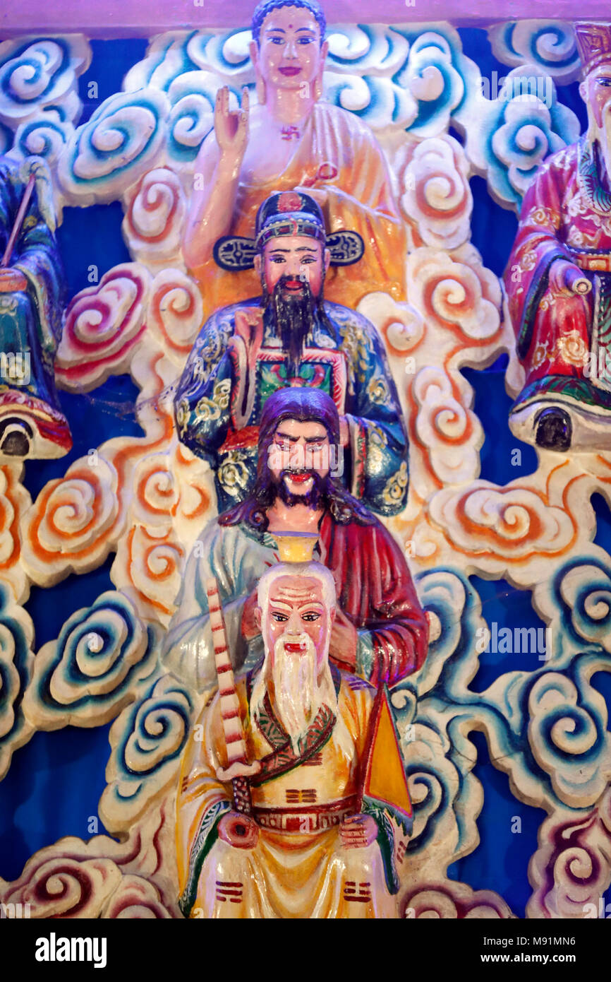 Cao Dai Tempel. Lao Tseu, JŽsus, Bouddha und Konfuzius. Phu Quoc. Vietnam. Stockfoto