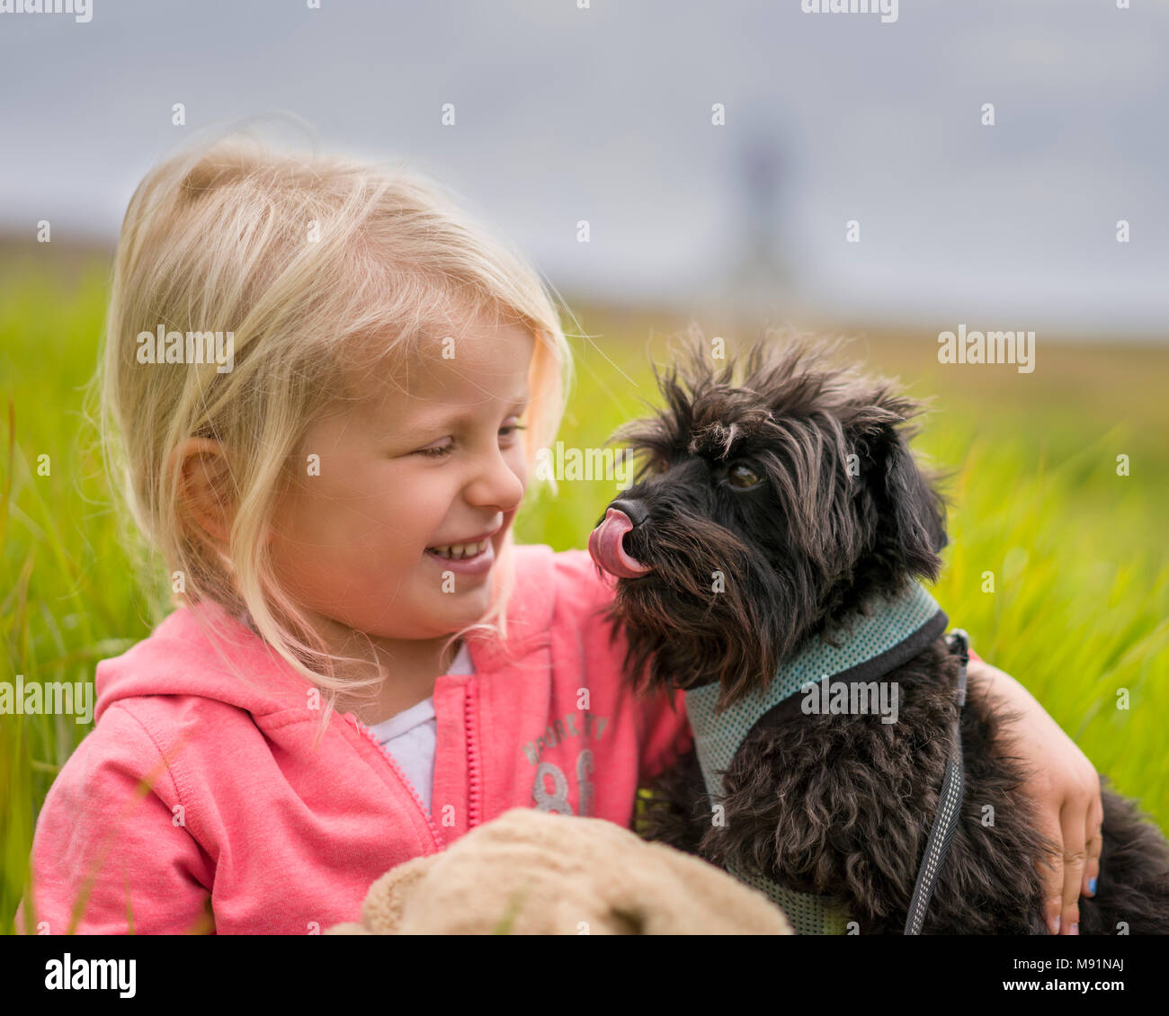 Porträt eines jungen Mädchens mit einem Hund, Island. Stockfoto