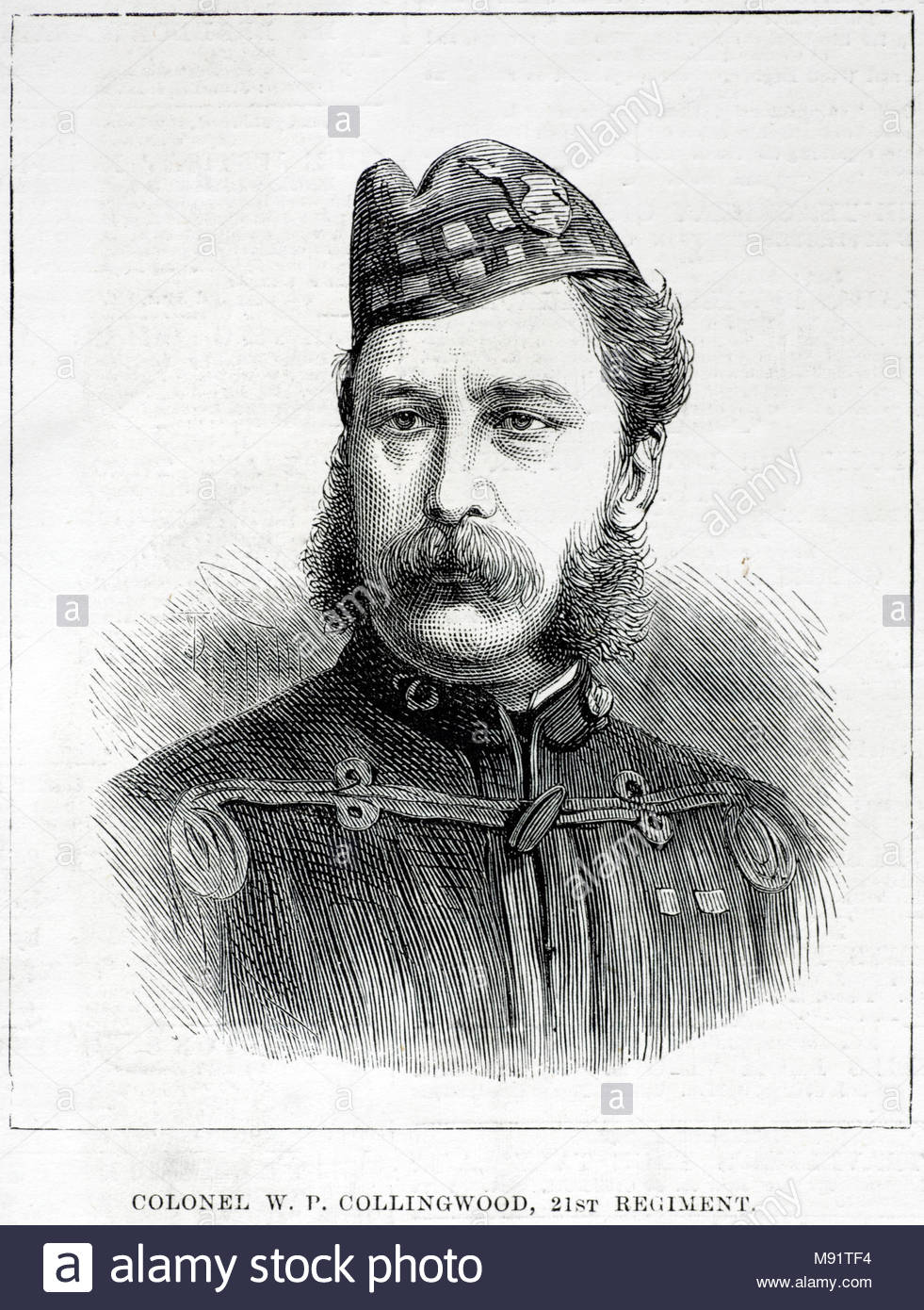 Colonel W.P. Collingwood, britischer Kommandeur des 21. Regiments Royal Scots Fusiliers bei der Kampagne in Zululand, antike Gravur 1879 Stockfoto