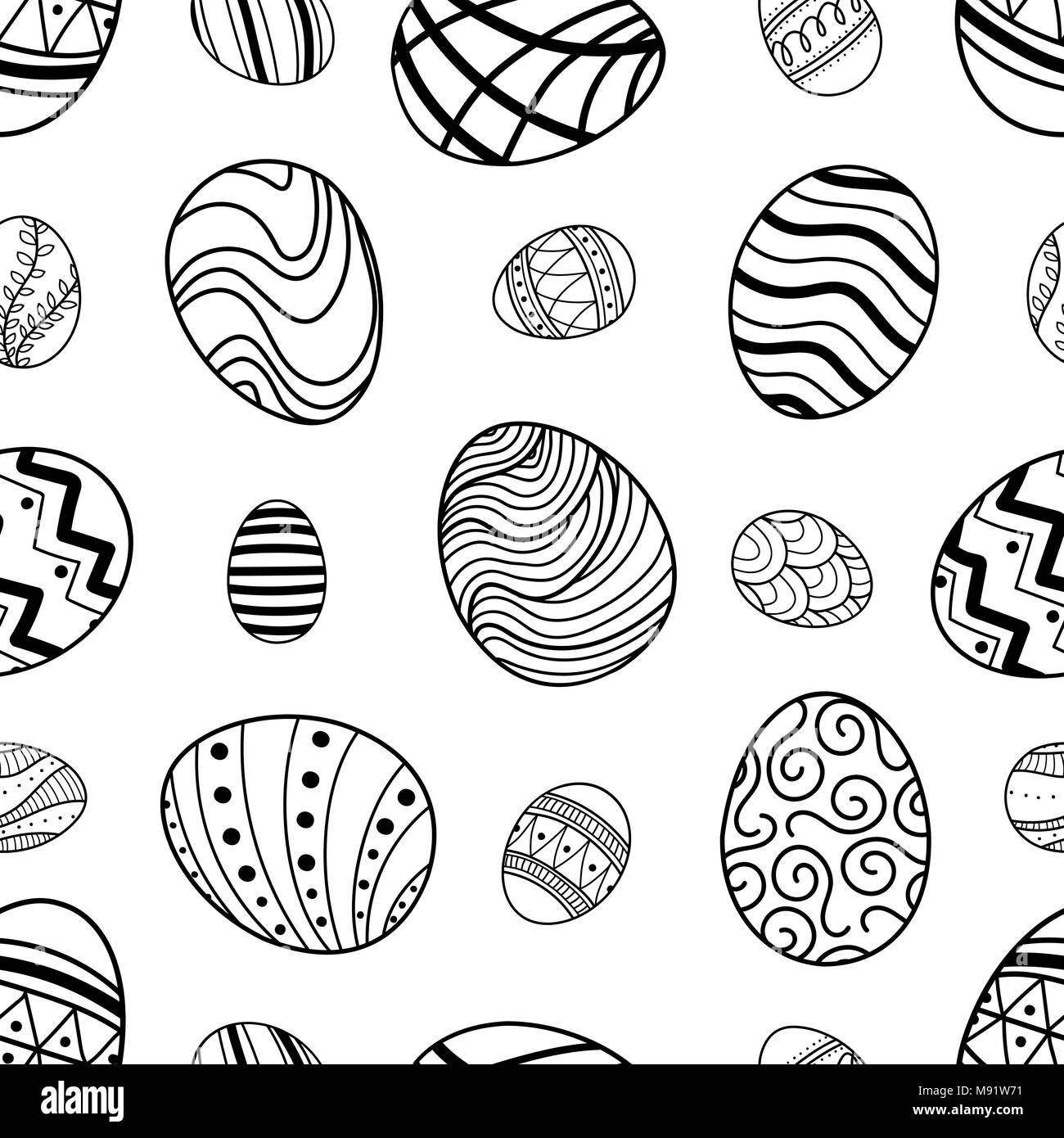 Ostereier in schwarzer Umriss random auf weißem Hintergrund. Süße Hand gezeichnet nahtlose Muster für die Osterfestspiele in Vector Illustration. Stock Vektor