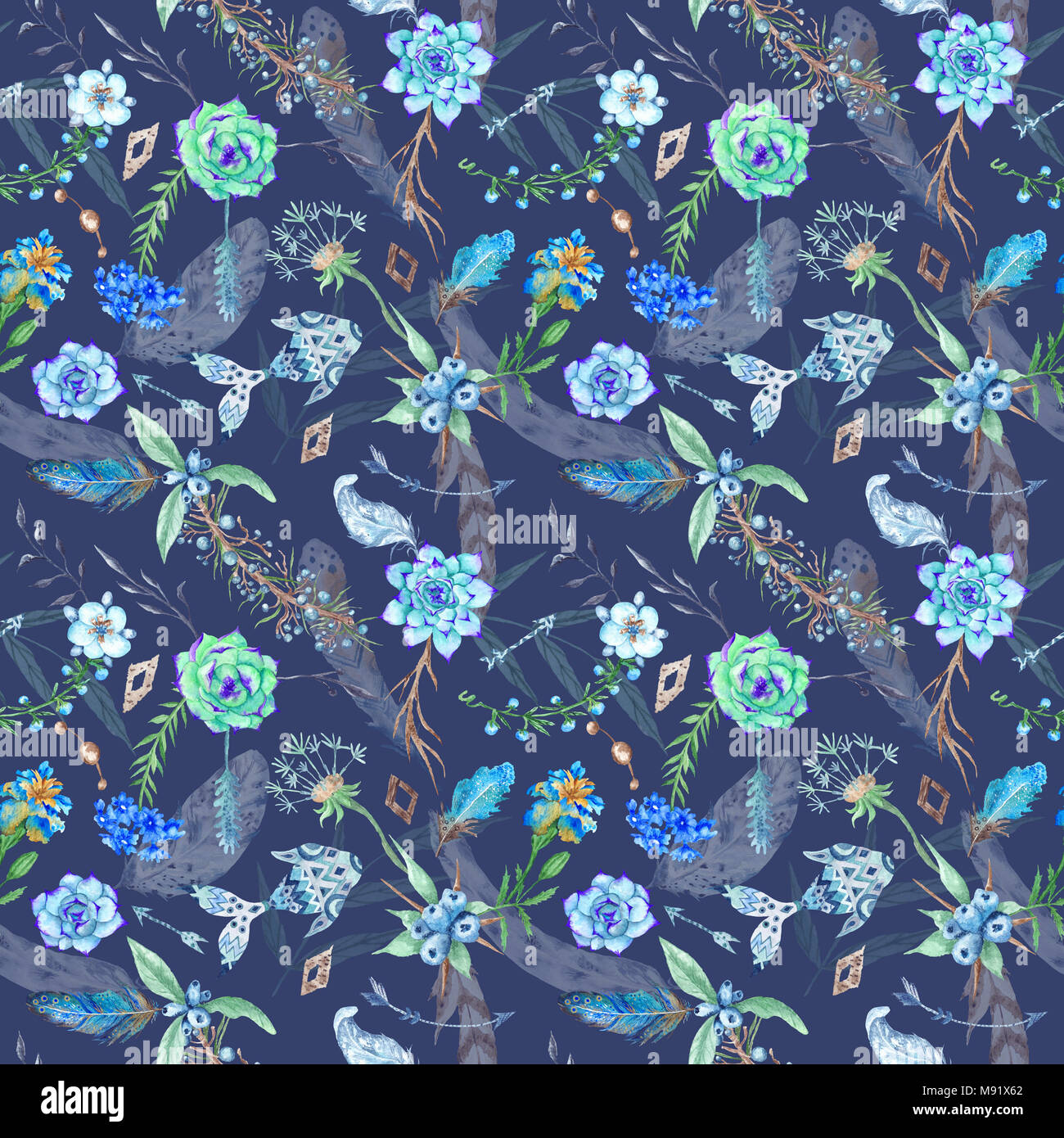 Nahtlose Textur mit wilden Wald pflanzen, Federn, Blumen und Sukkulenten auf Indigo blauer Hintergrund für boho Design Stockfoto