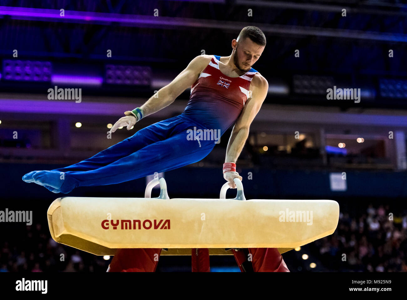 Birmingham, Großbritannien. 21. März, 2018. Dominick Gunnigham (GBR) konkurriert auf dem Pferd während der 2018 Abb. Turnen WM-Arena Birmingham am Mittwoch, 21. März 2018. Birmingham, England. Credit: Taka Wu/Alamy leben Nachrichten Stockfoto