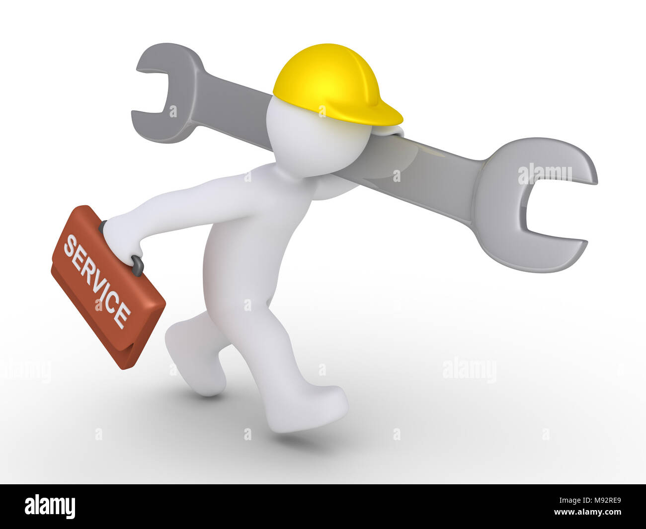 Person, die das Tragen eines Helmes und halten einen Koffer und einen Schraubenschlüssel läuft Stockfoto