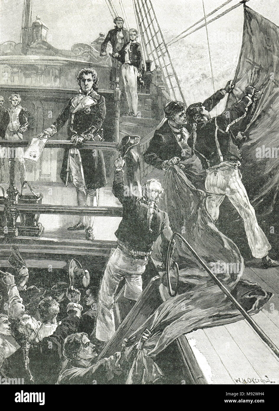 Spithead Meuterei von 1797, Matrosen von HMS Royal George nach unten schleppen die rote Fahne Stockfoto