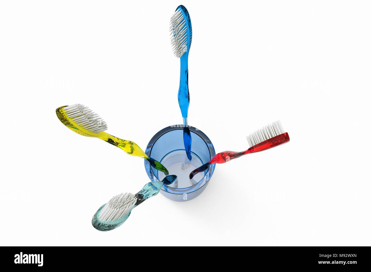 3D-Rendering für eine Gruppe von Zahnbürsten in verschiedenen Farben von oben Stockfoto