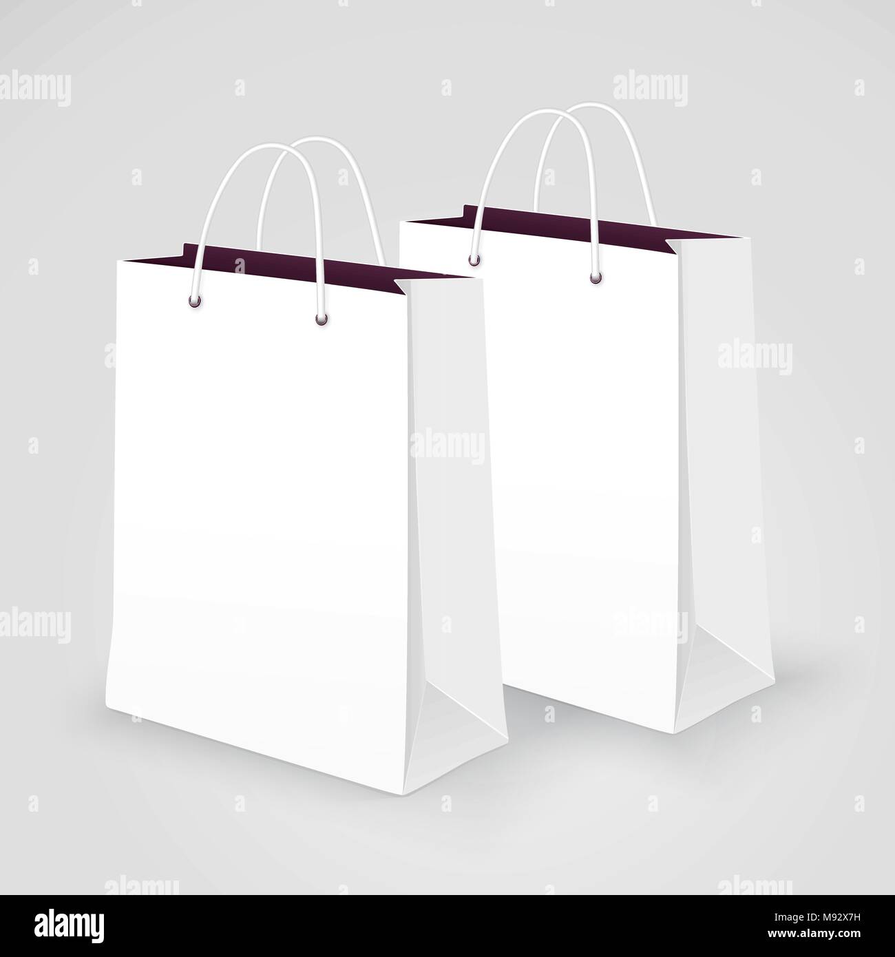 Bis Mock Geschenk Papiertüten, Vektor realistische Layout Design Paket für Shopping. Satz von weißen Pakete in einem semi-Profil für ihr Design, volumetrische mit Stock Vektor