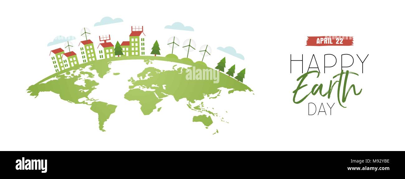 Happy Earth Day Web Banner Abbildung mit grünen Planeten und Häuser mit sauberer Energie, Wind- und Sonnenenergie. EPS 10 Vektor. Stock Vektor