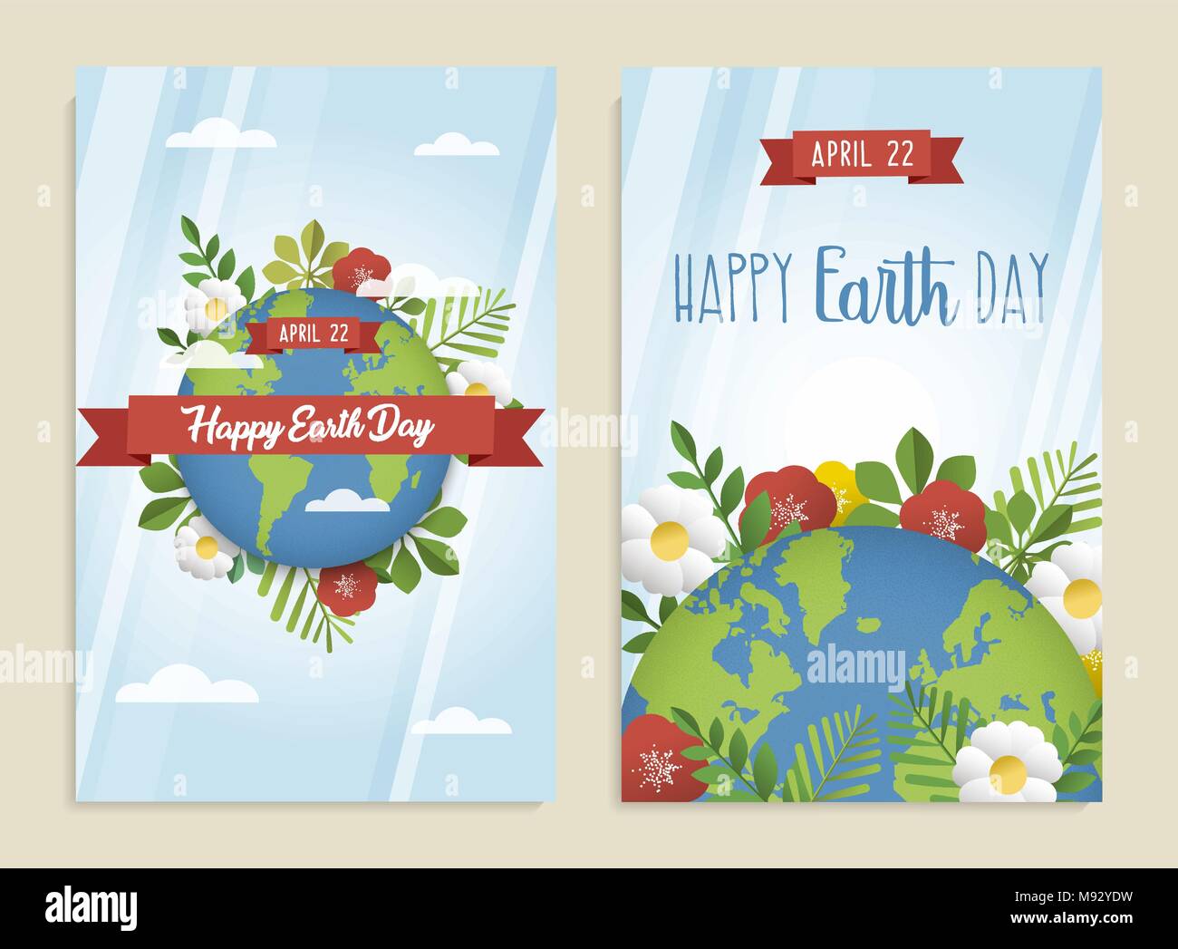 Happy Earth Day Grußkarten-Set von Green Planet mit Blättern, Blüten und Feder Dekoration. Umweltfreundliche Plakate für Naturschutz. EPS 10. Stock Vektor