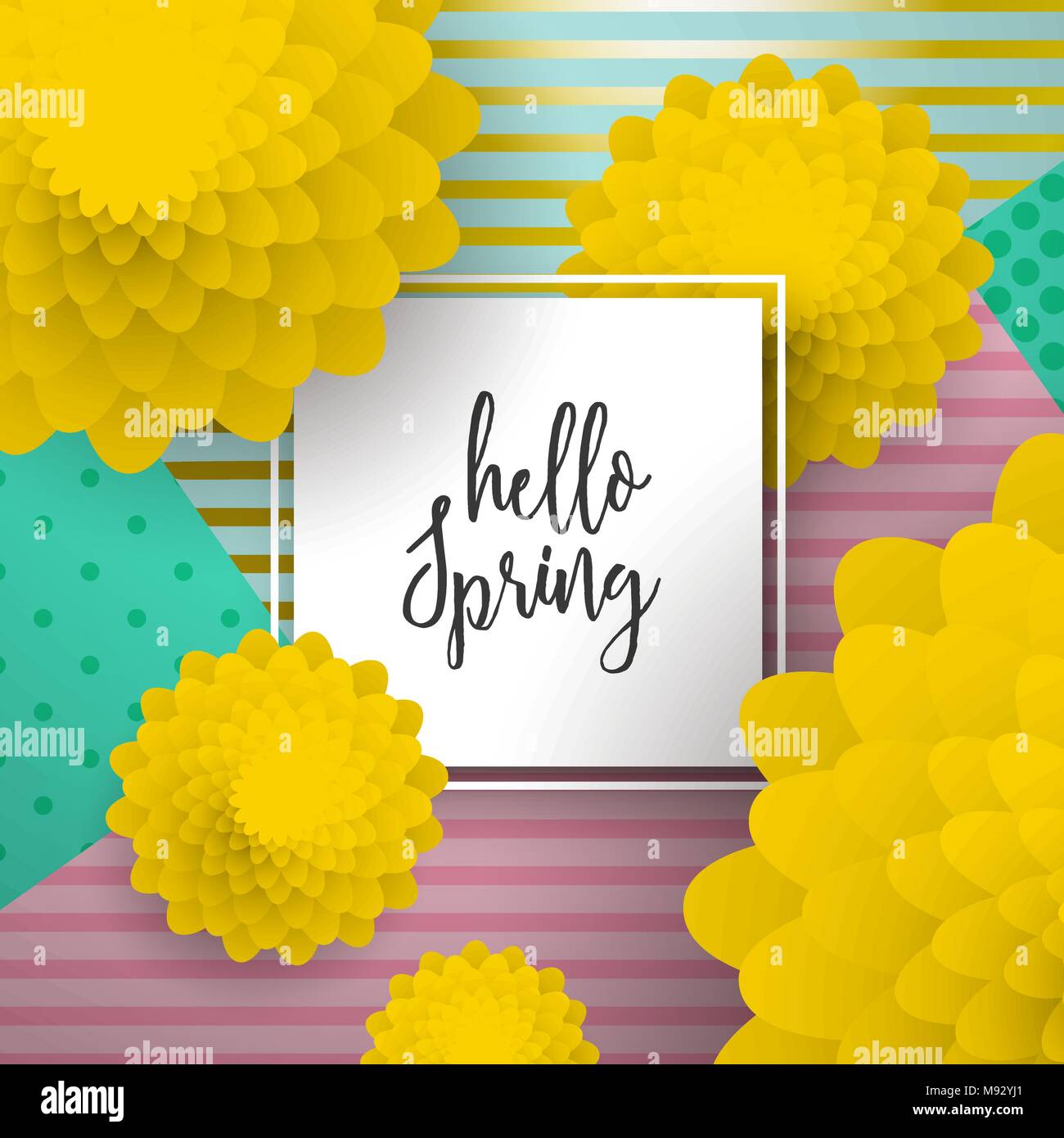 Hallo Frühling Grußkarte Illustration für saisonale Feier. 3d-Papier Kunst Blumen auf bunten Hintergrund mit Typografie zitat Rahmen. EPS 10 vecto Stock Vektor