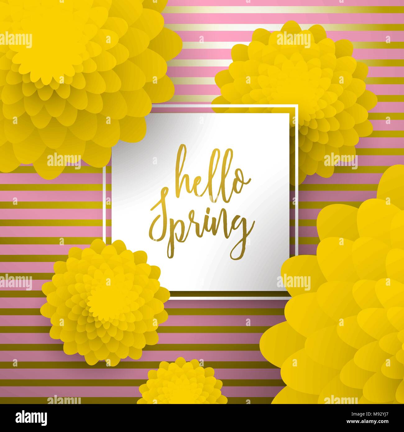 Hallo Frühling Grußkarte Abbildung mit schönen 3d-Papier Kunst Blumen auf Luxus gold Hintergrund. Mit feier Angebot für die neue Saison. EPS 1. Stock Vektor