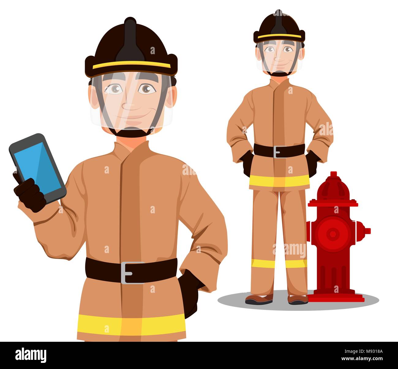 Feuerwehrmann in professionellen einheitlichen und sicheren Helm. Feuerwehrmann cartoon Charakter steht in der Nähe von Hydranten und hält Smartphone. Vector Illustration auf Weiß Stock Vektor
